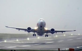 A aircraft taking off from Leeds Bradford Airport during Storm Pia in December 2023