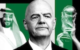 Composite image showing Mohammed bin Salman, Fifa president Gianni Infantino and the World Cup trophy with green and white background
